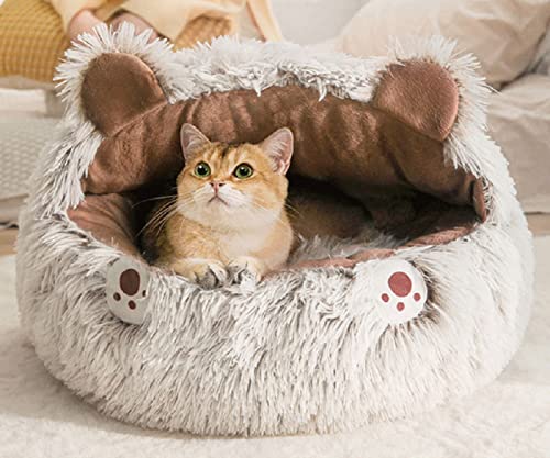 qing yun Flauschiges Katzenhöhle-Bett, gemütliche Höhle, Hundebett, mittelgroß, Angstlinderung, Haustier-Schlafsack für drinnen und draußen, Katzen-Iglu-Bett mit Kapuze (L, Kaffeebraun) von qing yun