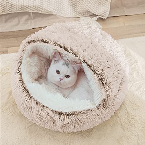 qing yun Flauschiges Katzenhöhle-Bett, gemütliche Höhle, Hundebett, mittelgroß, Angstlinderung, Haustier-Schlafsack für drinnen und draußen, Katzen-Iglu-Bett mit Kapuze (L, Khaki-Plüsch) von qing yun