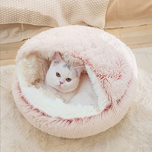 qing yun Flauschiges Katzenhöhle-Bett, gemütliche Höhle, Hundebett, mittelgroß, Angstlinderung, Haustier-Schlafsack für drinnen und draußen, Katzen-Iglu-Bett mit Kapuze (L, rosa Plüsch) von qing yun