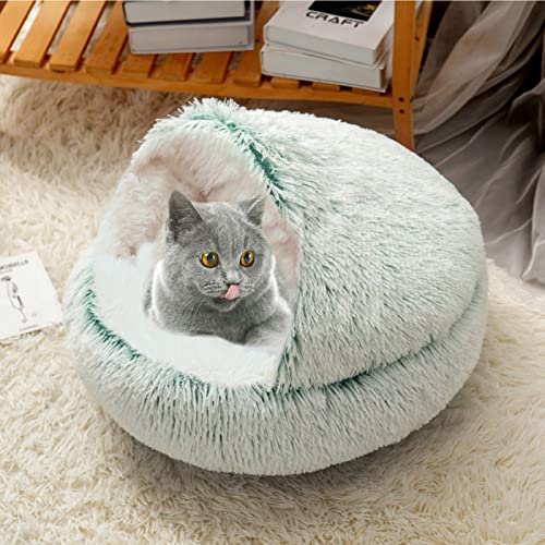 qing yun Flauschiges Katzenhöhle-Bett, gemütliche Höhle, Hundebett, mittelgroß, Angstlinderung, Haustier-Schlafsack für drinnen und draußen, Katzen-Iglu-Bett mit Kapuze (XS, grün-plüschig) von qing yun