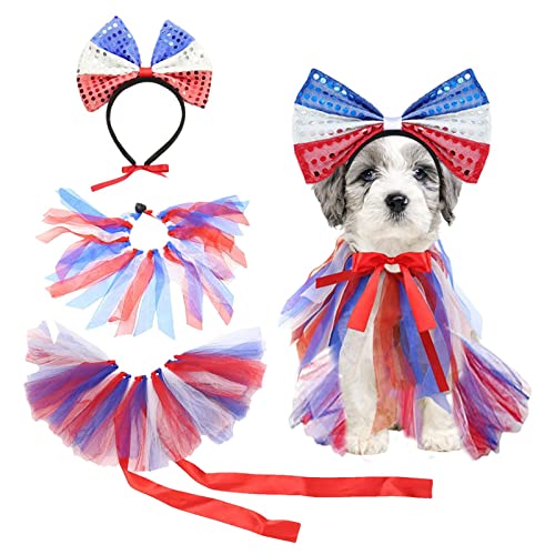 qiyifang 4. Juli Haustierkleidung – Amerikanische Flagge, Kragen, Stirnband, Kleid, weiß, blau und rot, patriotisches Party-Outfit, Geschenk für kleine und mittelgroße Haustiere von qiyifang
