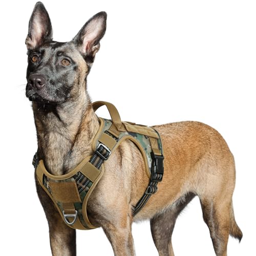 rabbitgoo Hundegeschirr Grosse Hunde, Anti Zug Geschirr Hund Verstellbar mit Griffe Verbreitert, Robust Taktisches Hundegeschirr mit Metallschnallen zum Wandern(L, Camouflage Braun) von rabbitgoo