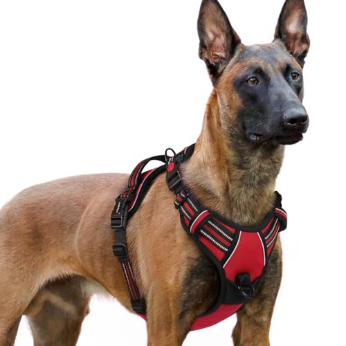 rabbitgoo Hundegeschirr Grosse Hunde, Hundegeschirr ohne Zug, Verstellbare Geschirr Hund ohne Würgen, Anti Zug hundegeschirr mit Griff, weich gepolsterte Reflektierende Brustgeschirr, Rot XL von rabbitgoo