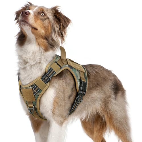 rabbitgoo Hundegeschirr Mittelgroße Hunde, Anti Zug Geschirr Hund Verstellbar mit Griffe Verbreitert, Robust Taktisches Hundegeschirr mit Metallschnallen zum Wandern(M, Camouflage Braun) von rabbitgoo