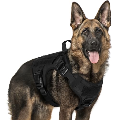 rabbitgoo Hundegeschirr Grosse Hunde ohne Zug, No Pull Taktische Brustgeschirr mit MOLLE Griff Metallschnallen, Atmungsaktiv Militär Sicherheitsgeschirr, Verstellbares Gepolstert Hundeweste, L Schwarz von rabbitgoo