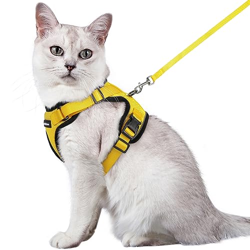 rabbitgoo Katzengeschirr mit Leine Softgeschirr für Katze Brustgeschirr Cat Harness Katzengarnitur ausbruchsicher verstellbar Katzenweste Gelb M von rabbitgoo