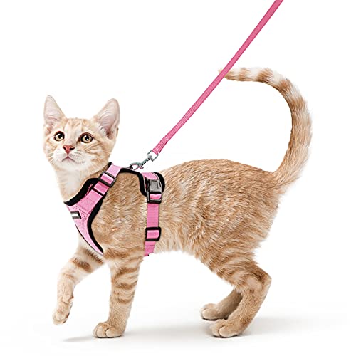 rabbitgoo Katzengeschirr mit Leine Softgeschirr für Katze Brustgeschirr Cat Harness Katzengarnitur ausbruchsicher verstellbar Katzenweste Rosa XS von rabbitgoo