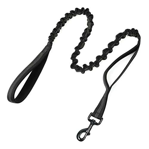 rabbitgoo Starke Bungee Hundeleine mit 2 Gepolsterten Griff und Metallhaken, Taktische Sicherheit Hundeführleine für Große/Mittlere Hunde, Flexi Elastische Ruckdämpfer Führleine, Schwarz 114-158cm von rabbitgoo