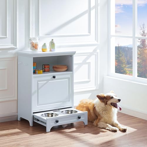 Roomfitters Hunde Schrank mit Futterstation, Hunde Fressnapf mit Stauraum, Doppel Hundenapf aus Edelstahl, Tierfutterschrank, Katzenapf mit Schublade, Futterstation, Weiß von roomfitters