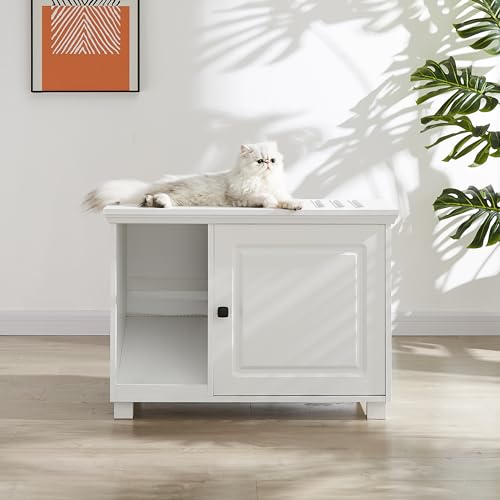 Roomfitters Katzenschrank, Katzentoilette, Katzenklo Schrank, Katzenhaus mit Tür und separater Trennwand, Versteckte Katzentoilette, Stabile Katzenschrank, Speicher Schrank Sitzbank, Weiß von roomfitters