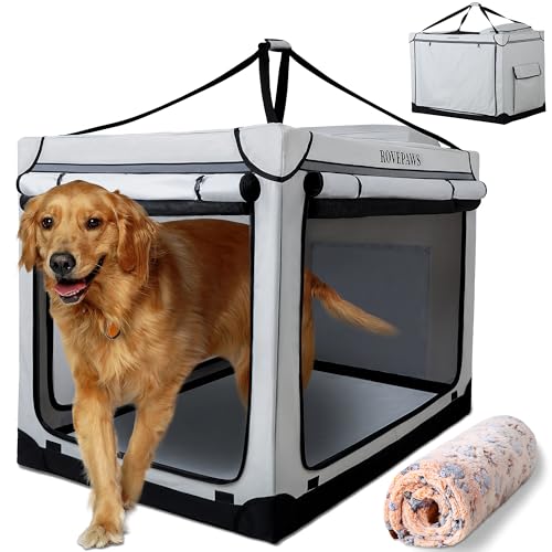 Rovepaws Weiche faltbare Hundebox – tragbare Reisebox mit extra Platz für drinnen und draußen, 4-Türer, faltbare Haustierhütte mit robusten Netzfenstern, Hellgrau (Hellgrau, 106,7 cm L x 68,6 cm B x von rovepaws