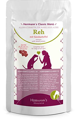 Herrmanns Reh Menu 1 mit Bio-Süsskartoffeln, Bio-Beeren, Bio-Nachtkerzenöl 130g Hundefutter, 12er Pack (12 x 130g) von rusepin