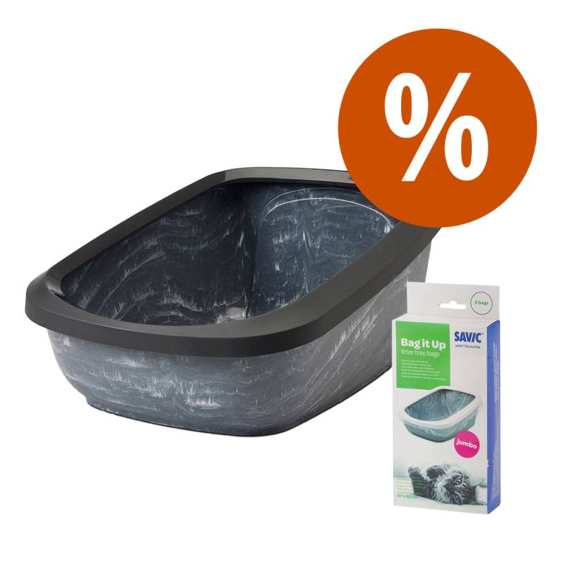 Savic Katzentoilette Aseo Jumbo marble - Starterset: Toilette grau marmoriert/schwarz + 6 Bag it up von savic