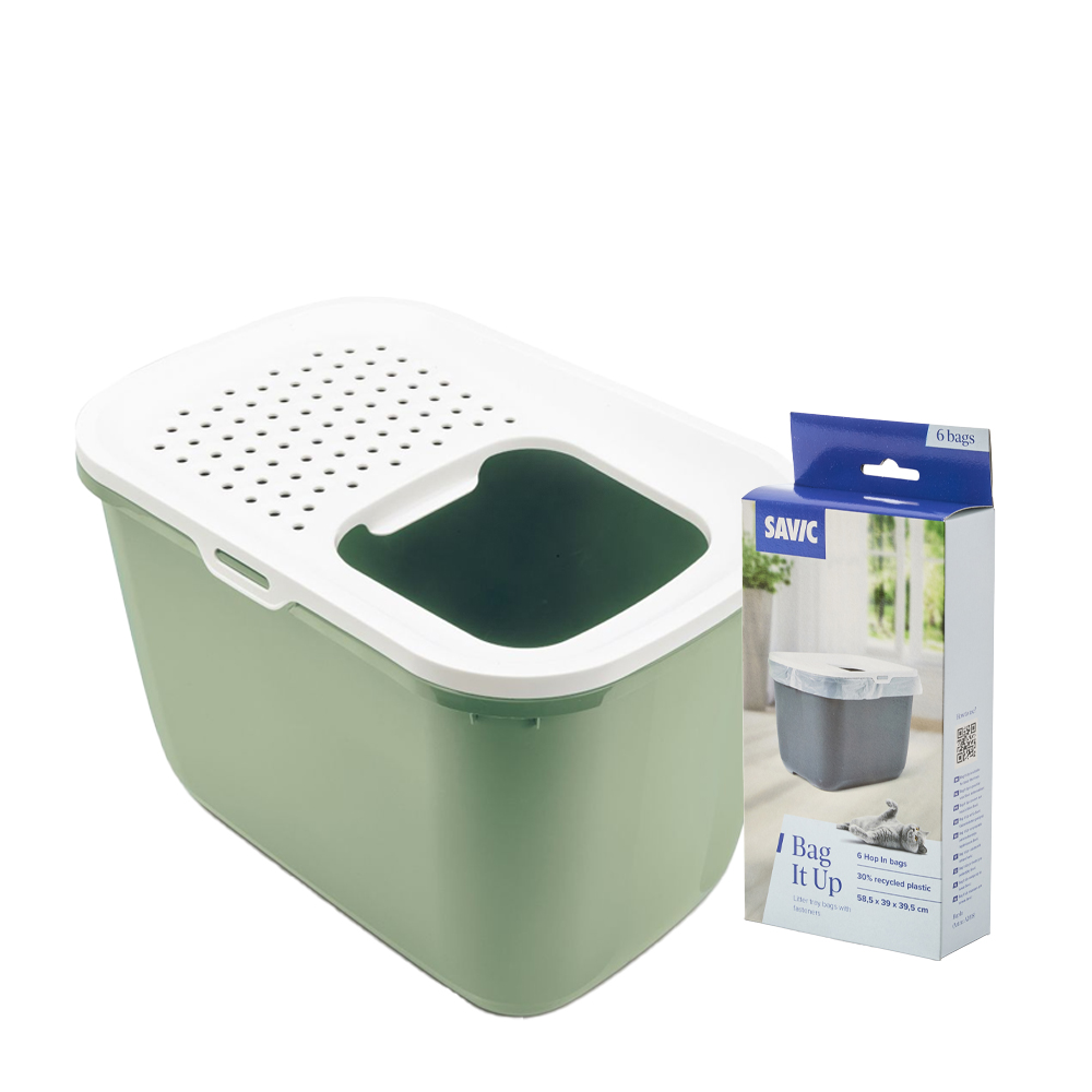 Savic Katzentoilette Hop In Starterset: Toilette botanical green/weiß + 6 Bag it up von savic