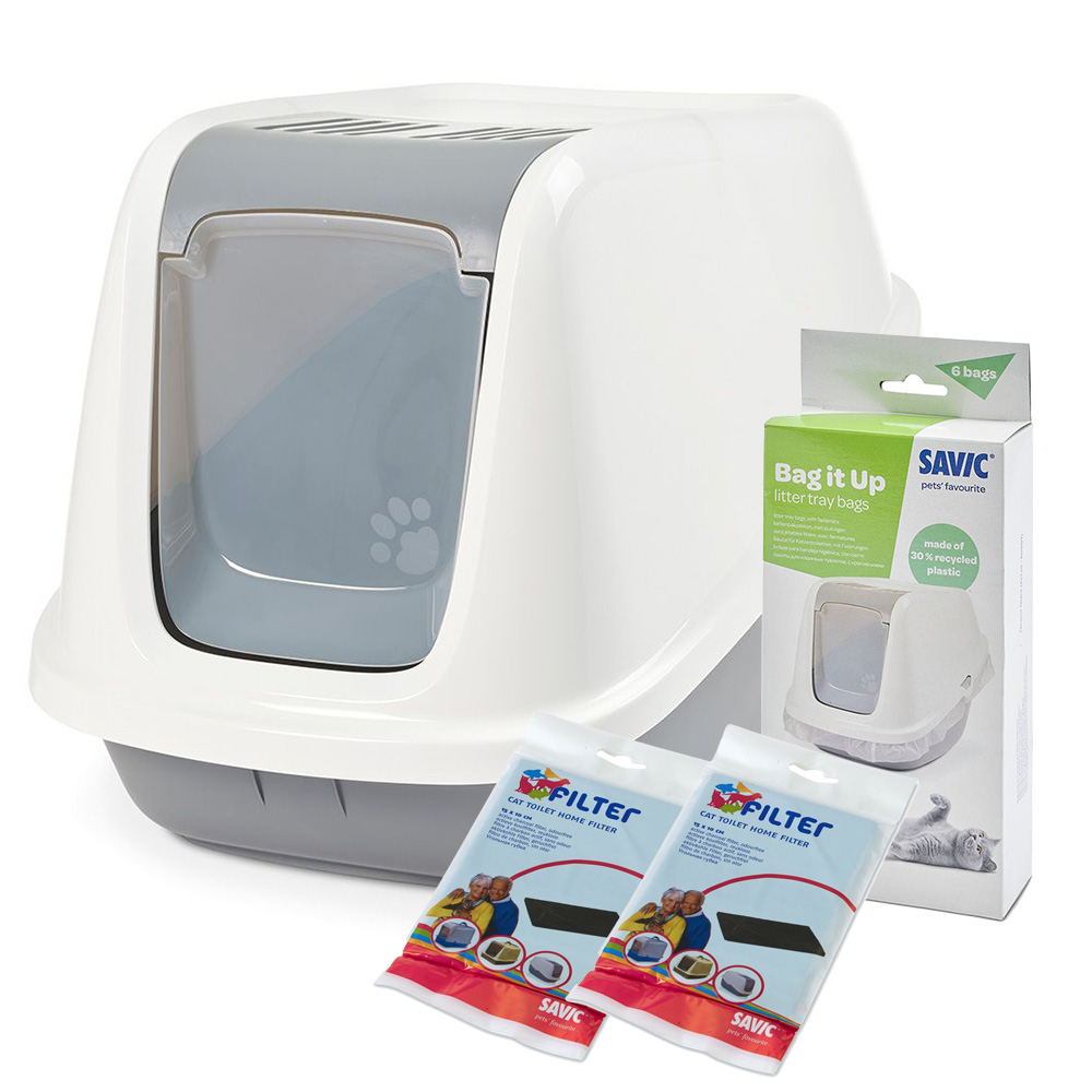 Savic Katzentoilette Nestor Giant Sparset: Toilette weiß / kühles Grau + 2 Ersatzfilter + 6 Bag It Up von savic