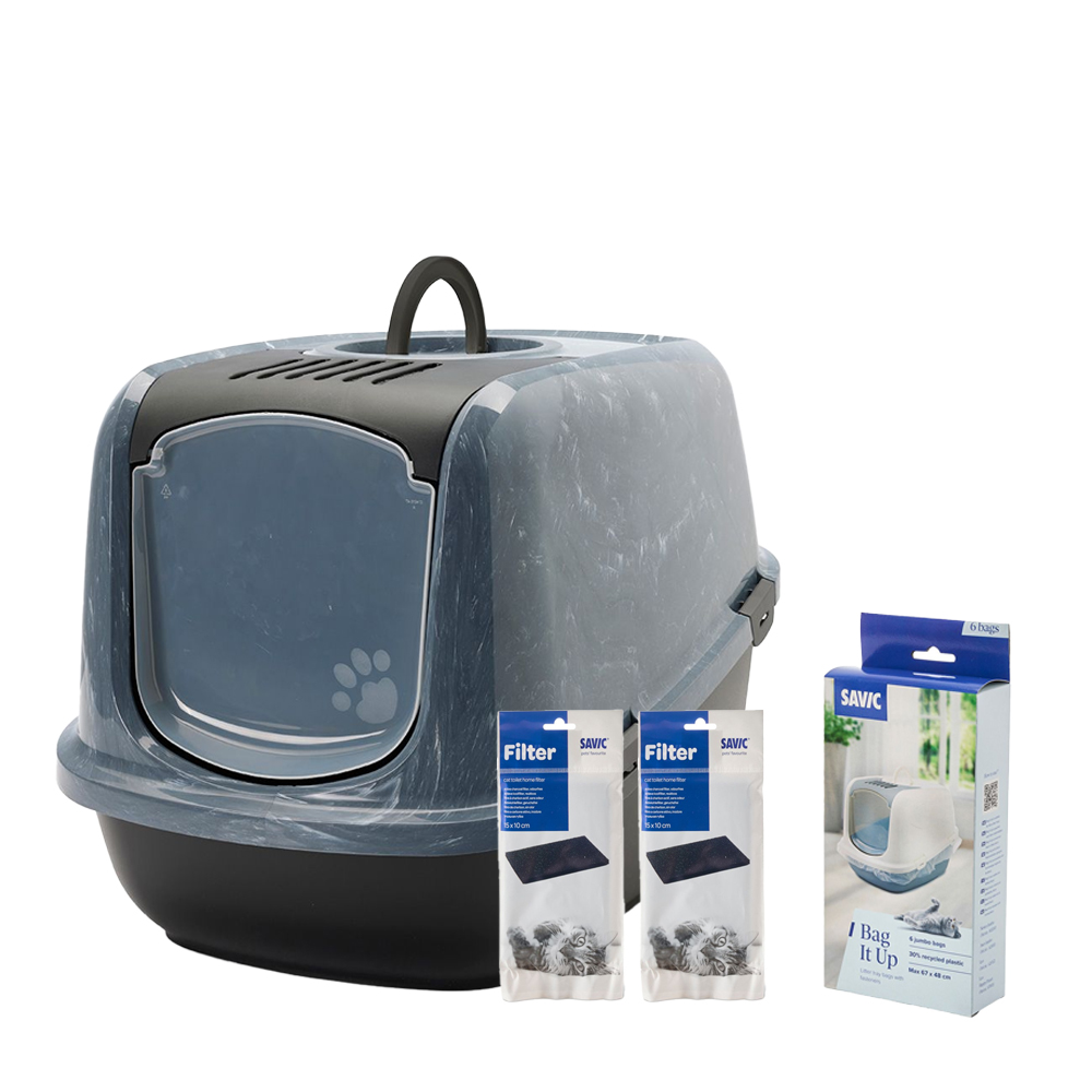 Savic Katzentoilette Nestor Jumbo Marble - Starterset: Toilette schwarzer Marmor + 2 extra Filter + 6 Bag it up von savic