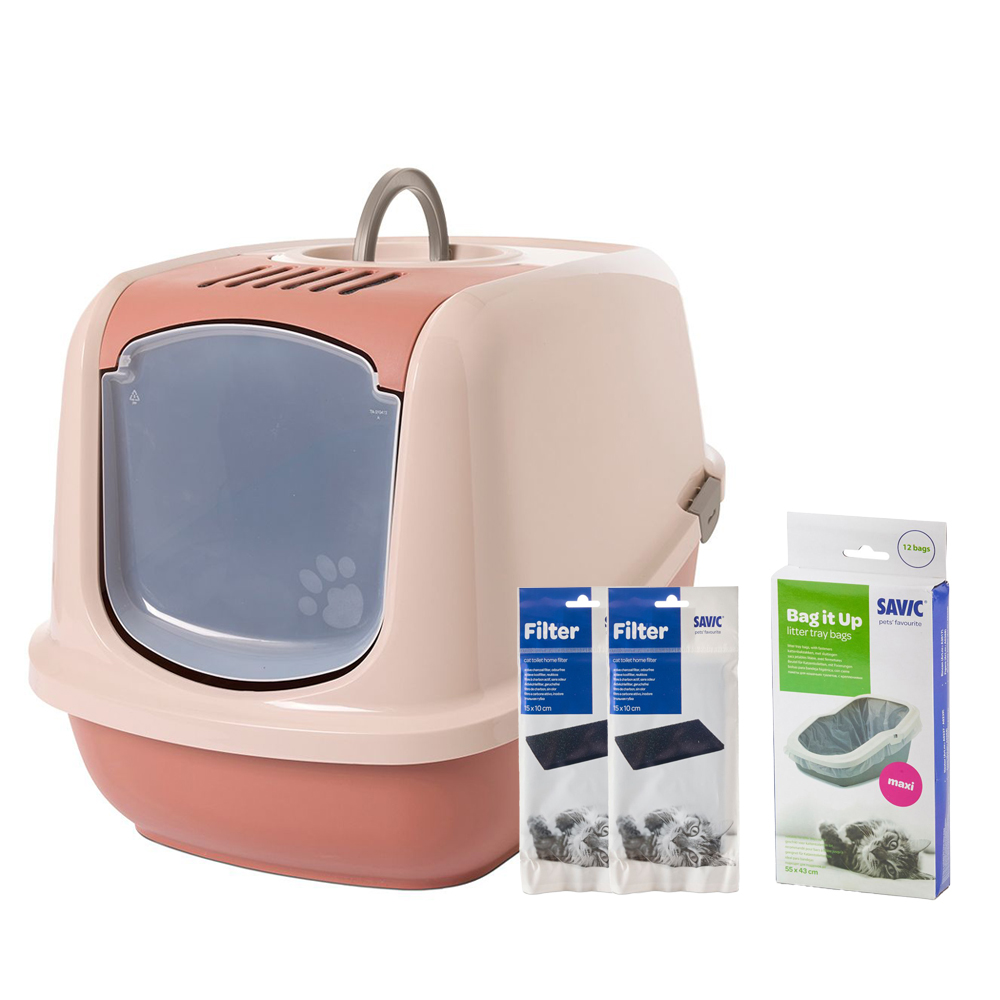 Savic Katzentoilette Nestor Jumbo - Toilette champagner rosa/ toskana rot + 2 extra Filter + 6 Bag it up von savic