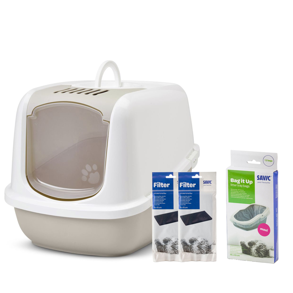 Savic Katzentoilette Nestor Jumbo - Toilette mocca/weiß + 2 extra Filter + 6 Bag it up von savic