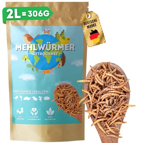 Premium Mehlwürmer getrocknet 2L=306g Proteinhaltiges Futter für Vögel, Igel, Koi, Hamster, Reptilien & mehr, 100% Natürlich & 0% Zusatzstoffe, gesundes Vogelfutter Wildvögel Ganzjährig [Geprüft] von scrupmi