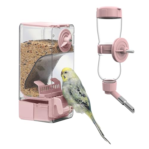 Automatischer Vogelfutterspender Wasserspender Set, Vogelkäfig-Futterspender mit Sitzstange für Wellensittiche, Sittiche, Kanarienvögel, Nymphensittiche, Finken (Rosa) von septillar