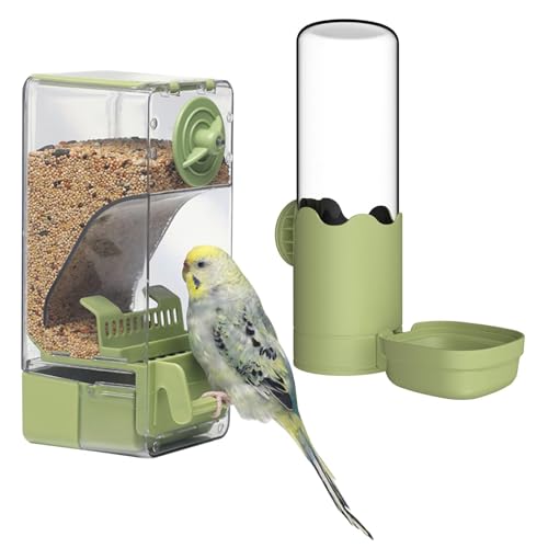 No Mess Vogelfutterspender Wasserspender Set, Automatischer Käfig-Futterspender mit Sitzstange für Samen, Sittiche, Kanarienvögel, Nymphensittiche, Finken, Lovebirds Wellensittiche, Käfigzubehör von septillar