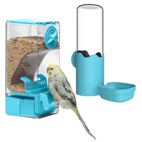 No Mess Vogelfutterspender Wasserspender Set, Automatischer Käfig-Futterspender mit Sitzstange für Samen, Sittiche, Kanarienvögel, Nymphensittiche, Finken, Lovebirds Wellensittiche, Käfigzubehör von septillar