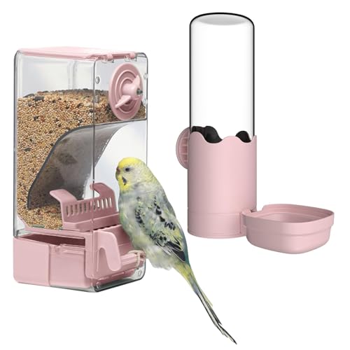 No Mess Vogelfutterspender Wasserspender Set, Automatischer Käfig-Futterspender mit Sitzstange für Samen, Sittiche, Kanarienvögel, Nymphensittiche, Finken, Wellensittiche, Käfigzubehör (Rosa) von septillar