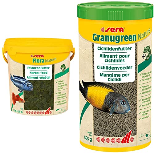 sera Flora Nature 10 L (2 kg) Pflanzenfutter aus Flocken mit ballaststoff- & carotinoidreichen Inhaltsstoffen, Flockenfutter fürs Aquarium & Granugreen Nature 1000 ml (565 g) - Hauptfutter von sera