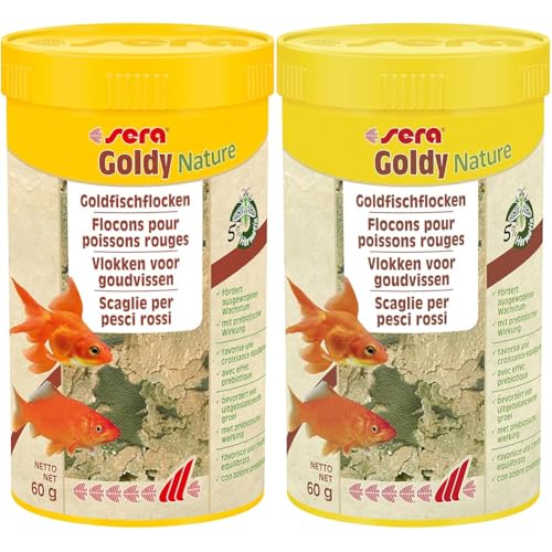 sera Goldy Nature 250 ml - Goldfischfutter für gesundes Wachstum & prächtige Farben, Fischfutter fürs Aquarium, Flockenfutter mit hoher Futterverwertbarkeit und somit weniger Algen (Packung mit 2) von sera