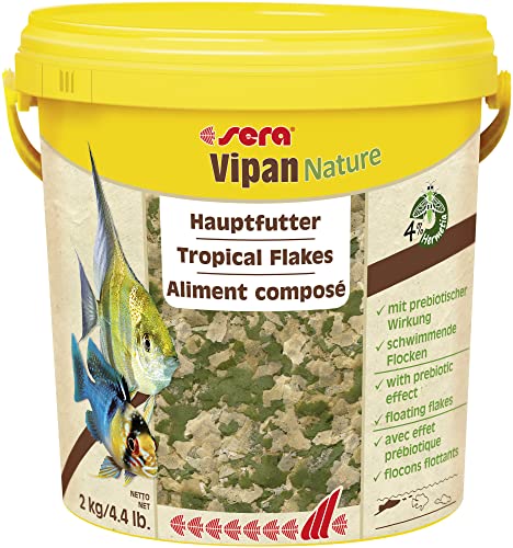 sera Vipan Nature 10 L (2 kg) - Hauptfutter mit 4% Insektenmehl und prebiotischer Wirkung, Flockenfutter fürs Aquarium, Fischfutter mit sehr hoher Futterverwertbarkeit und somit weniger Algen von sera