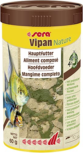 sera Vipan Nature 250 ml - Hauptfutter mit 4% Insektenmehl und prebiotischer Wirkung, Flockenfutter fürs Aquarium, Fischfutter mit sehr hoher Futterverwertbarkeit und somit weniger Algen von sera