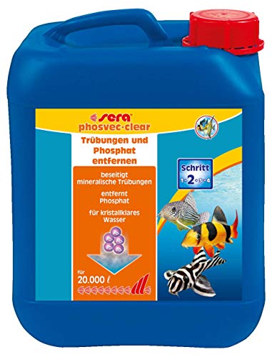 sera phosvec-clear 5 Ltr. - Klare Sicht Beseitigt mineralische Trübungen, entfernt den Hauptalgennährstoff Phosphat, für dauerhaft kristallklares, sauberes Wasser, Wasseraufbereiter fürs Aquarium von sera