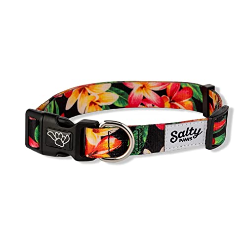 Shaka's Salty Paws Jungen & Mädchen Hundehalsband Small Medium Large (Schwarz Blumen Hawaii Print Hundehalsband, Kleines Hundehalsband Adj. 25,4-40,6 cm für Hunde bis zu 11,3 kg) von shaka's salty paws