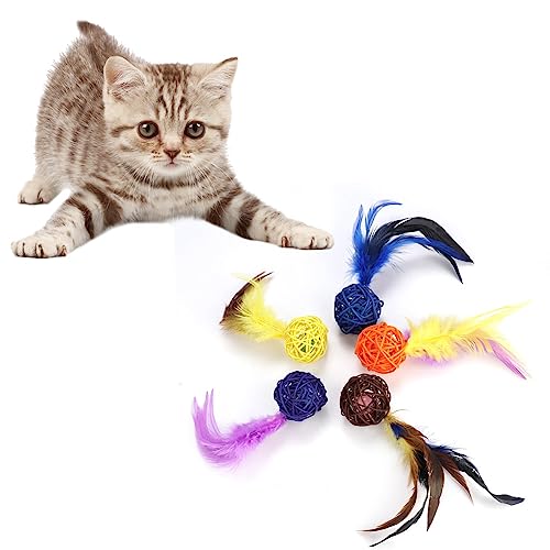 shenruifa Katzenspielzeugbälle mit Feder-Teaser, Interaktives Kätzchenspielzeug, Buntes Katzenbälle-Spielzeug, 5 Stück/Set, Buntes Haustier-Katzenkätzchen-Plüschspielspielzeug, Rattanbälle von shenruifa