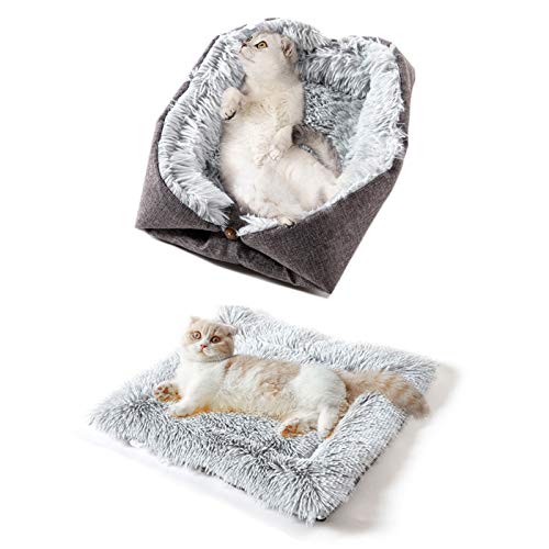 shimytop Katzenbett Waschbar Flauschiges Katzenkissen - 2 in 1 Katzen Schlafplatz Katzensofa Katzendecke Weich für Katze Kleine Hunde, Plüsch Katzen Kissen Kuschelbett Größe in 60x51cm, Grau von shimytop