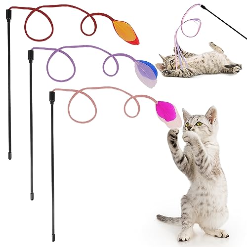 simarro Interaktives Katzenspielzeug Spielzeug mit Federn, 3 Stück Katzenangel für Kitten Training Rainbow Ribbon Cat Zauberstab Interaktiver Fänger Teaser Zauberstab für Kitten von simarro