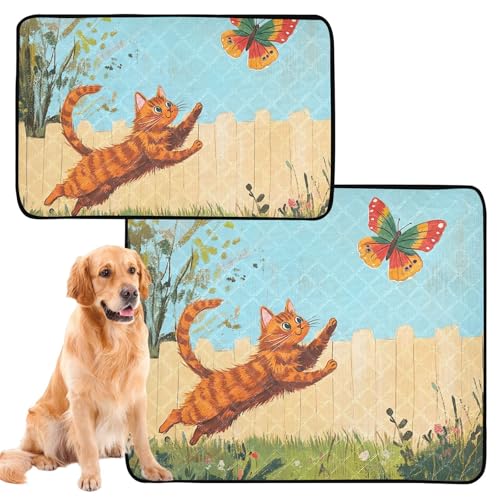 Hundematte für Hunde, waschbar, rutschfest, für Boden, 61 x 91,4 cm + 91,4 x 106,7 cm, Katze, die einen bunten Schmetterling jagt, 2 Stück von siphylline