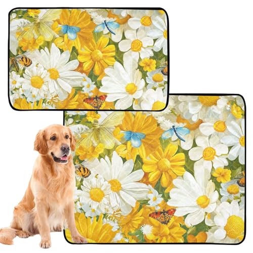 Hundematte für Rasen, waschbar, wasserdicht, rutschfest, 61 x 91,4 cm + 91,4 x 106,7 cm, Frühlingsblumen, Gelb, 2 Stück von siphylline