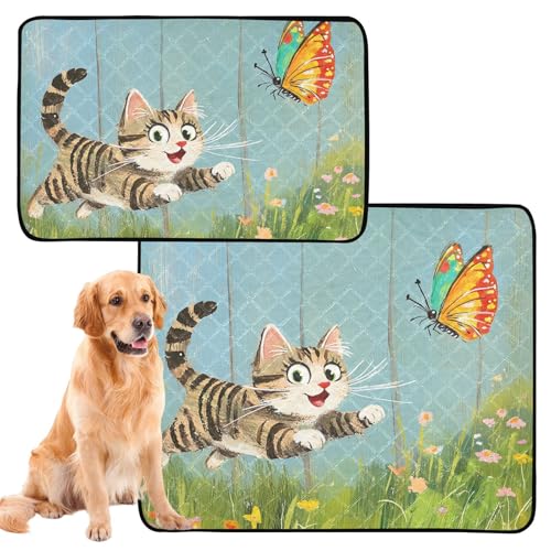 Uriniermatte für große Hunde, waschbar, rutschfest, 61 x 91,4 cm + 91,4 x 106,7 cm, Katze, die einen bunten Schmetterling jagt, 2 Stück von siphylline