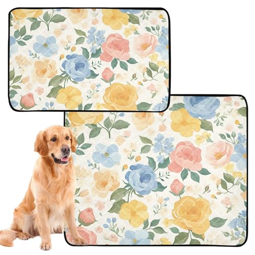 Uriniermatte für große Hunde, waschbar, rutschfest, Bodenmatte für Strand, 61 x 91,4 cm + 91,4 x 106,7 cm, bunte Cartoon-Rosen, 2 Stück von siphylline