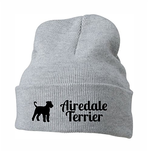 Strickmütze - Airedale Terrier - Stickerei Hund Winter Mütze Wintermütze Beanie Mütze Siviwonder hellgrau-schwarz von siviwonder