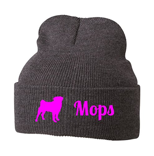 Strickmütze - MOPS Mopsmotiv Motiv Druck Hunde Pug Hund Möpse - Stickerei Hund Winter Mütze Wintermütze Beanie Mütze Siviwonder grey Melange-neonpink von siviwonder