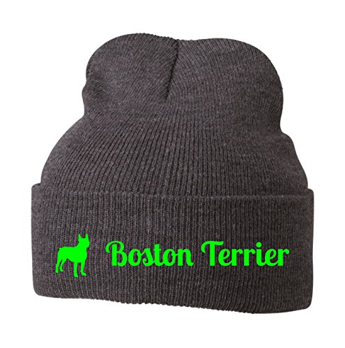 Strickmütze - BOSTON TERRIER Begleithund - Stickerei Hund Winter Mütze Wintermütze Beanie Mütze Siviwonder grey Melange-neongrün von siviwonder