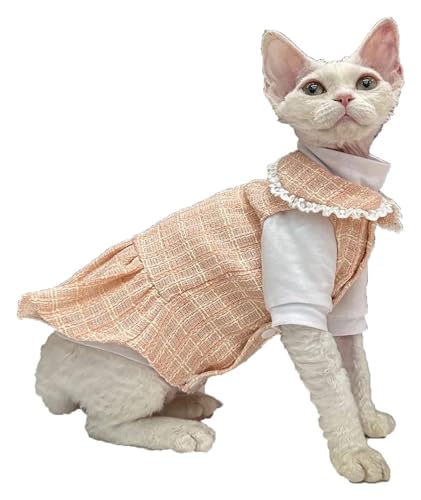 Sphynx Haarlose Katzen Kleidung Sphynx Haarlose Katzenkleidung, Frühling, einfarbig, Spitzenkragen, Druckknopfkleid, ärmellos, weiß, hoher Kragen, Baumwoll-T-Shirts, Pullover, zweiteiliges Set (Color von skeppy