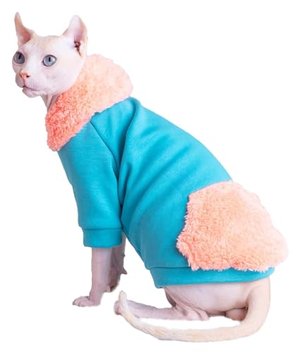 Sphynx Haarlose Katzen Kleidung Sphynx-Katzenkleidung for den Winter, dick, warm, Kapuzenpullover, Pullover, Kätzchen-Shirts mit Ärmeln und Tasche, weiche Kunstfell-Haustierkleidung for Katzen (Color von skeppy