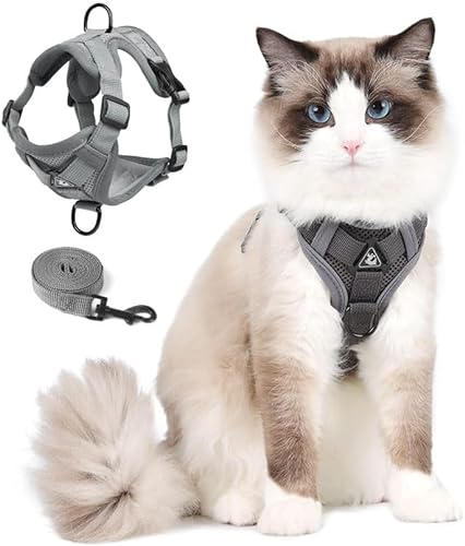 Cat Harness and Leash Set, Upgraded Escape Proof Adjustable Vest with Lead for Kitten Puppy Outdoor Walking, Soft Breathable Mesh Jacket with Reflective Strips for Dark Night, M Mature Gray von skmeditec