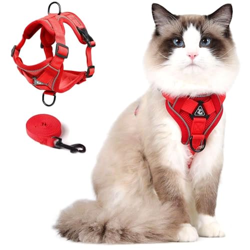 Cat Harness and Leash Set Katzengeschirr- und Leinen-Set, ausbruchsichere, verstellbare Weste mit Leine für Kätzchen und Welpen, weiche Netzjacke mit Reflektorstreifen (M, Rot) von skmeditec