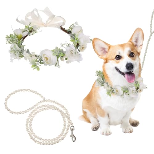 Hochzeits-Halsband mit Perlen-Leine, elegantes Hunde-Blumen-Stirnband, Hochzeitskleidung, Kranz, Schleife, Haustier-Foto-Requisite (mittel) von slcinwzdt
