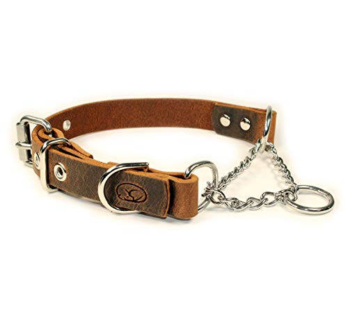 sleepy pup Martingal-Kette, verstellbar, Leder, limitierter Slip, halbe Karomuster, Trainingshalsband, Größe M: 35,6 cm - 45,7 cm, Dunkelbraun von sleepy pup