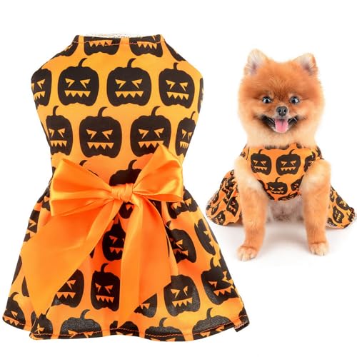 SMALLLEE_LUCKY_STORE Bowknot Hund Halloween Kleid mit Kürbis Geist Fledermaus Schädel Spinne Welpe Festliches Outfit für Kleine Hunde Katzen Mädchen Lustiges Haustier Kostüm für Urlaub Party Cosplay von smalllee_lucky_store